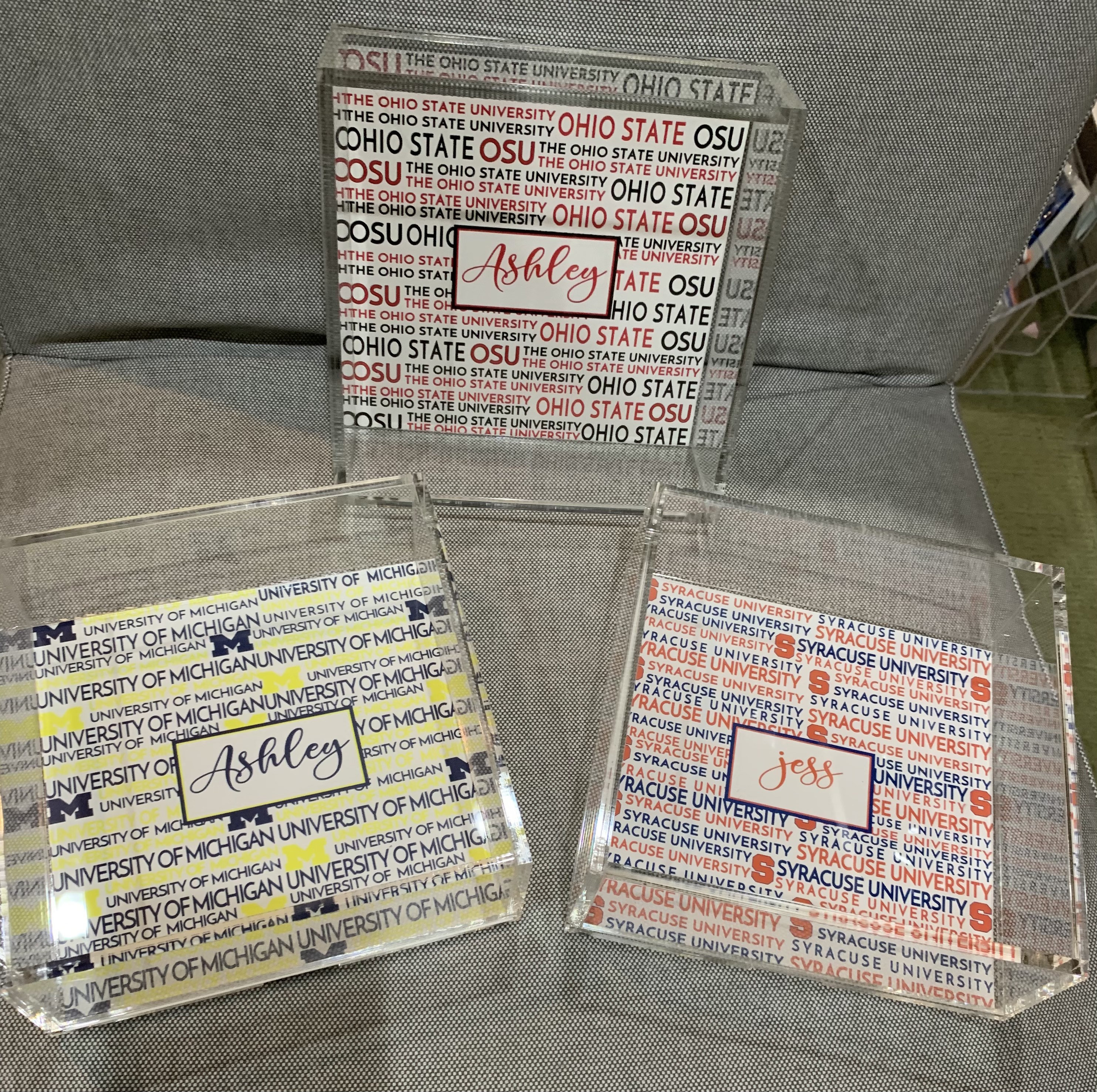 6” square lucite tray with personalized as you like it! College themed