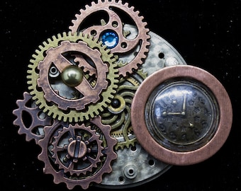 Steampunk Brooch with gears and dial