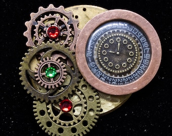 Steampunk Brooch with gears and dial