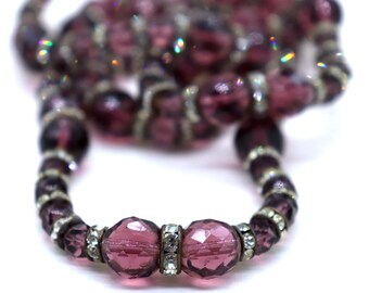 Art Deco Purple Crystal Necklace, Vintage Czech Glass Beads
