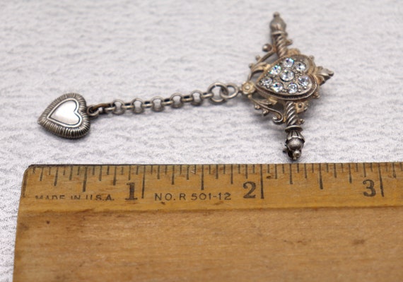 Vintage Heart Bar Pin Brooch w/ Rhinestone Heart … - image 4