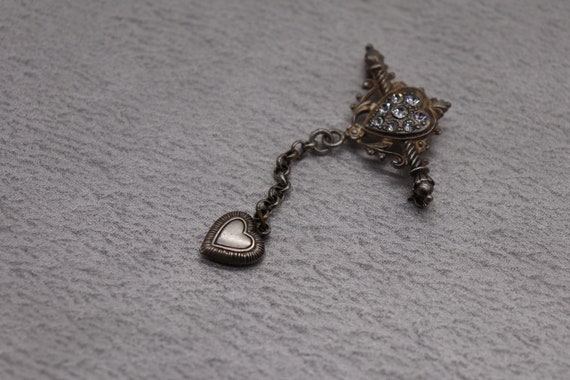 Vintage Heart Bar Pin Brooch w/ Rhinestone Heart … - image 3