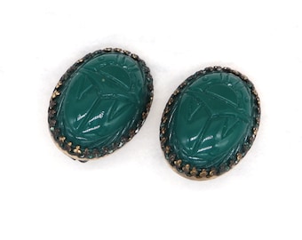 Scarab Earrings Vintage Egyptian Revival Clip-On Earrings in Gold Tone Settings Green Glass Cabochons