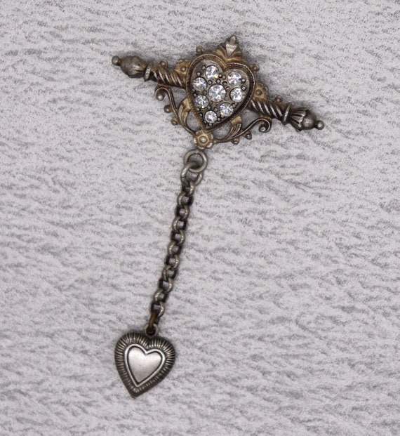 Vintage Heart Bar Pin Brooch w/ Rhinestone Heart … - image 1