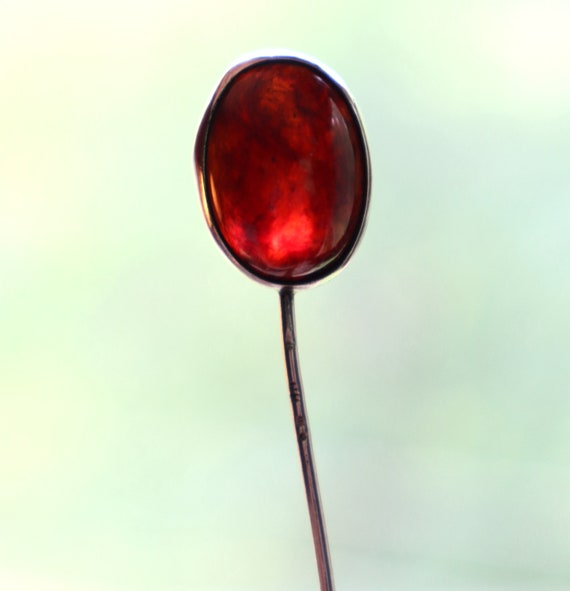 Sterling Silver Hat Pin Red Baltic Amber Antique … - image 2