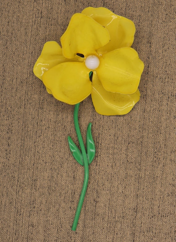 Large Brooch Enameled Vintage Flower Pin 4 1/4" L… - image 1