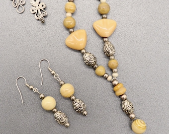 Vintage Silver Tone & Tan Stone Beaded Necklace and Earring Set - Boho Jewelry