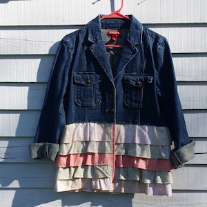 Upcycled Jacket, Denim, Ruffles, Size Large, Upcycled Clothing, Womens