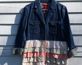 Upcycled Jacket, Denim, Ruffles, Size Large, Upcycled Clothing, Womens