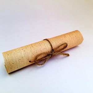 May include: A rolled up piece of parchment paper tied with twine. The paper has a speckled texture.