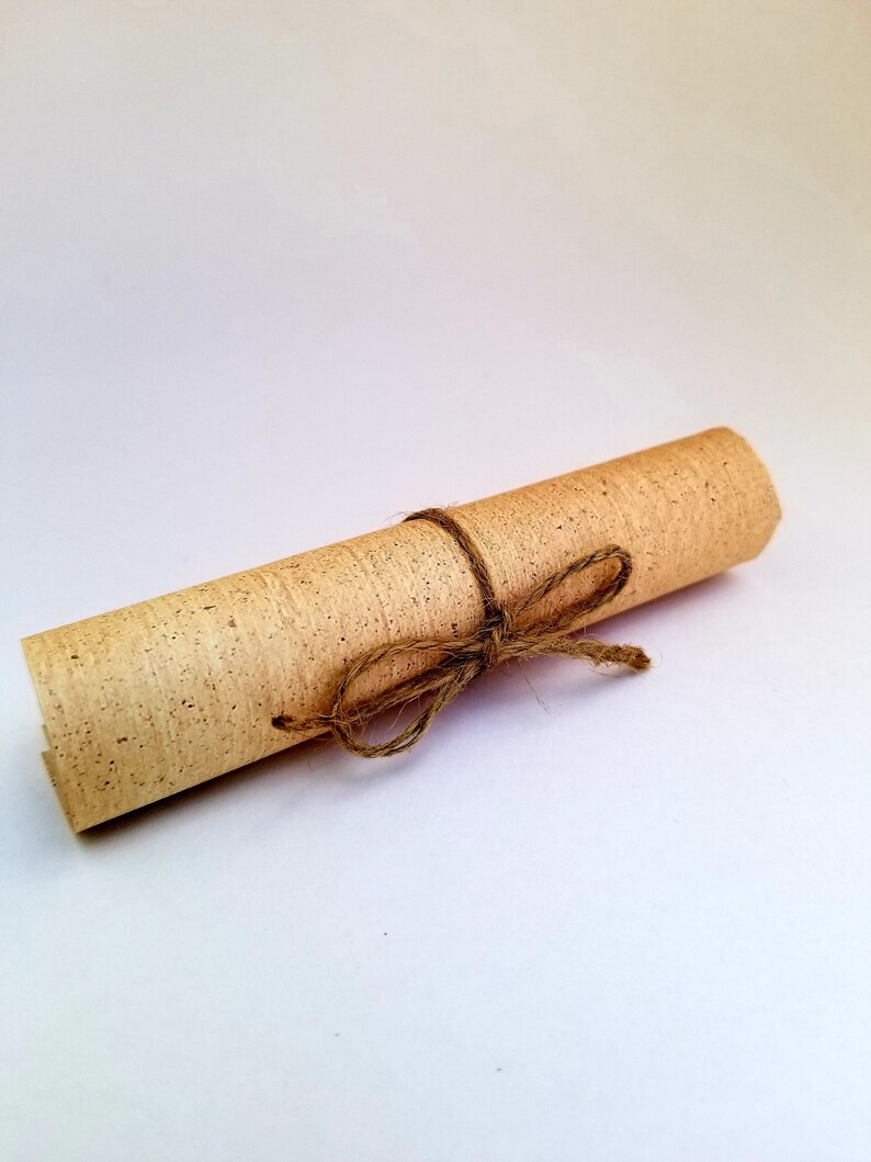 May include: A rolled up piece of parchment paper tied with twine. The paper has a speckled texture.