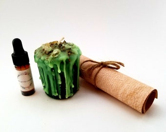 Money Spell Kit: Ritual Oil, Green Candle, and Incantation