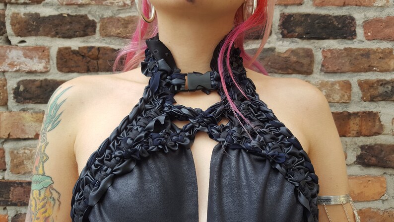 Unique cotton and soft studded fabric made from knotwork from vegan leathers Adjustable 8-12 hand woven cyber queen cage Harness top
