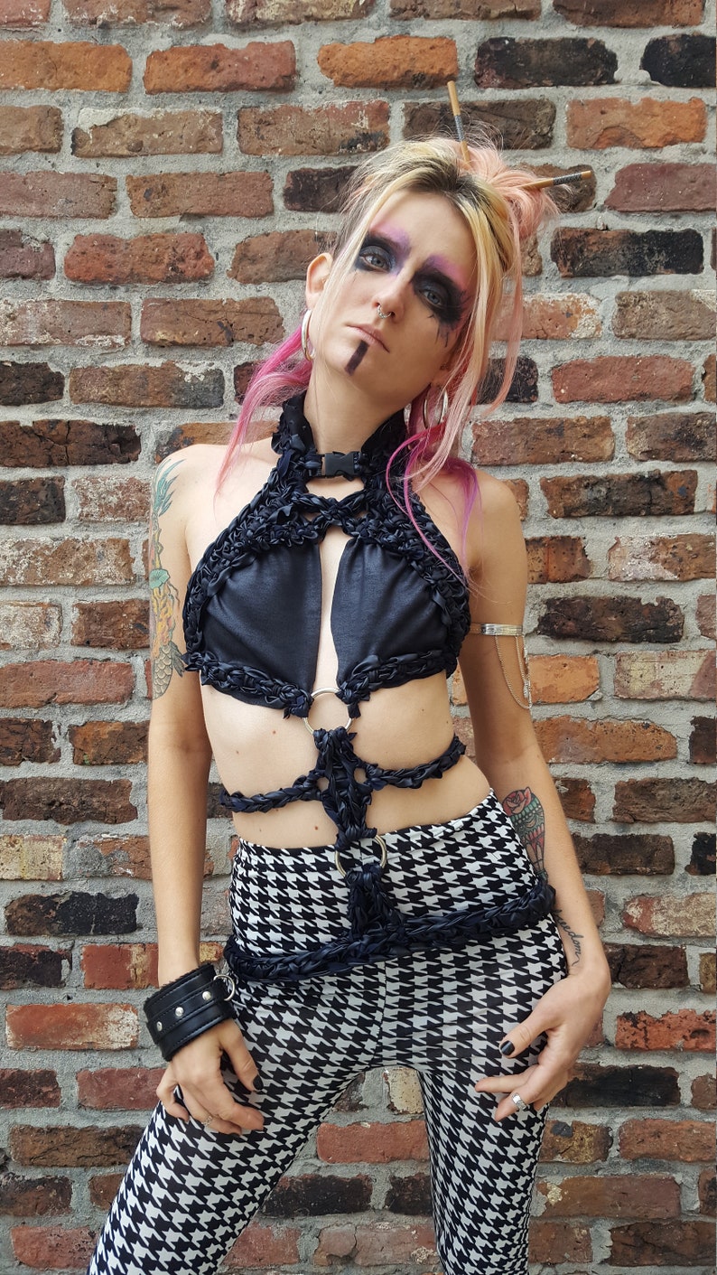 Unique cotton and soft studded fabric made from knotwork from vegan leathers Adjustable 8-12 hand woven cyber queen cage Harness top