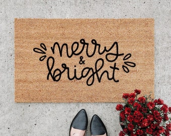 merry & bright doormat . christmas welcome mat . holiday doormat . outdoor christmas decor . gift for her . winter welcome mat . fall decor