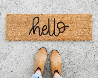 hello doormat . mini welcome mat . gift for her . small coir doormat . housewarming gift . bridesmaid gift . wedding gift . outdoor mat