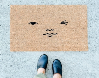 wink face doormat . welcome mat . gift for her . coir mat . custom door mat . funny doormat . housewarming gift . funny gift . wedding gift