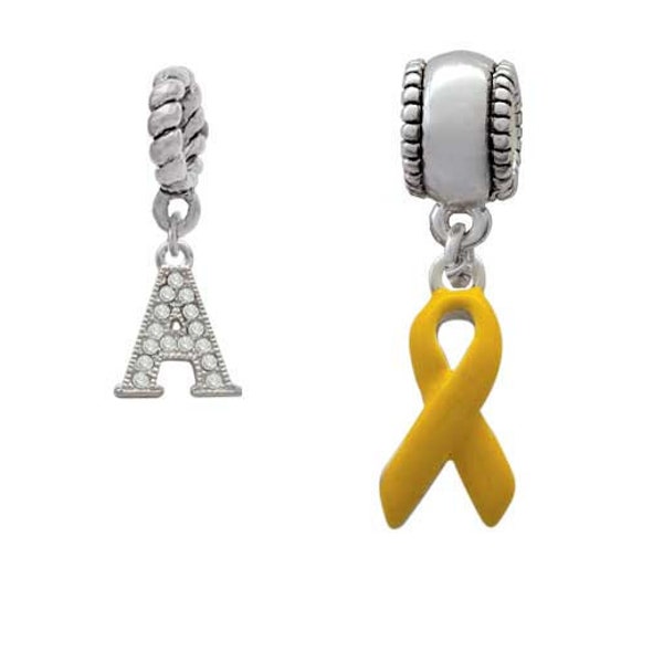 Yellow Ribbon Charm Bead & Crystal Initial Bead (Set of 2) Enamel Yellow Ribbon Bead, Suicide Awareness, Support Our Troops, Mental Health