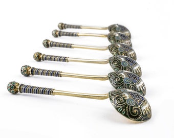 A set of 6 antique Russian silver cloisonne shaded enamel spoons by Feodor Ruckert, circa 1908-1917