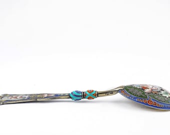 Antiker russischer Silber Cloisonne schattiert und Plique-a-jour Emaille Löffel von Feodor Ruckert, um 1908-1917