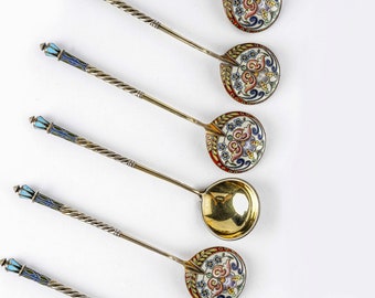 A set of 6 antique Russian silver 88 cloisonne shaded enamel spoons by Feodor Ruckert.