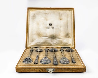 6 antike russische Faberge Silber Cloisonne Emaille Löffel im Originalkarton, um 1908-1917