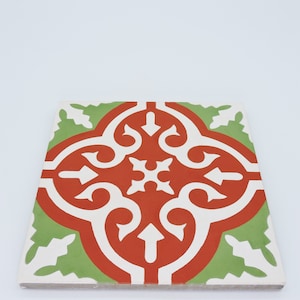 Moroccan Handmade Cement Tile. 8inch x 8 inch Floor & Wall Argana Red, Green, White Sample tile