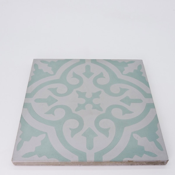 Moroccan Handmade Cement Tile. 8inch x 8 inch Floor & Wall Argana Green and Grey Sample tile