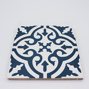 Moroccan Handmade Cement Tile. 8inch x 8 inch Floor & Wall Argana Navy Blue and White SAMPLE