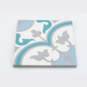 Moroccan Handmade Cement Tile. 8inch x 8 inch Floor & Wall Casa Blue-Green, Gray and White Sample tile