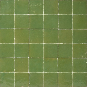 Moroccan Zellige Mosaic Tile, 12in x 12in Panel, Floor & Wall  Solid Color Moss Green, 2x2in Tile SAMPLE