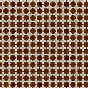May include: A repeating pattern of brown and gray star-shaped tiles. The tiles are arranged in a grid, creating a visually appealing and symmetrical design. The brown tiles have a textured appearance, adding depth to the pattern.