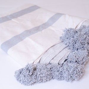 Moroccan Blanket with Pom Pom  in Grey and Off-White