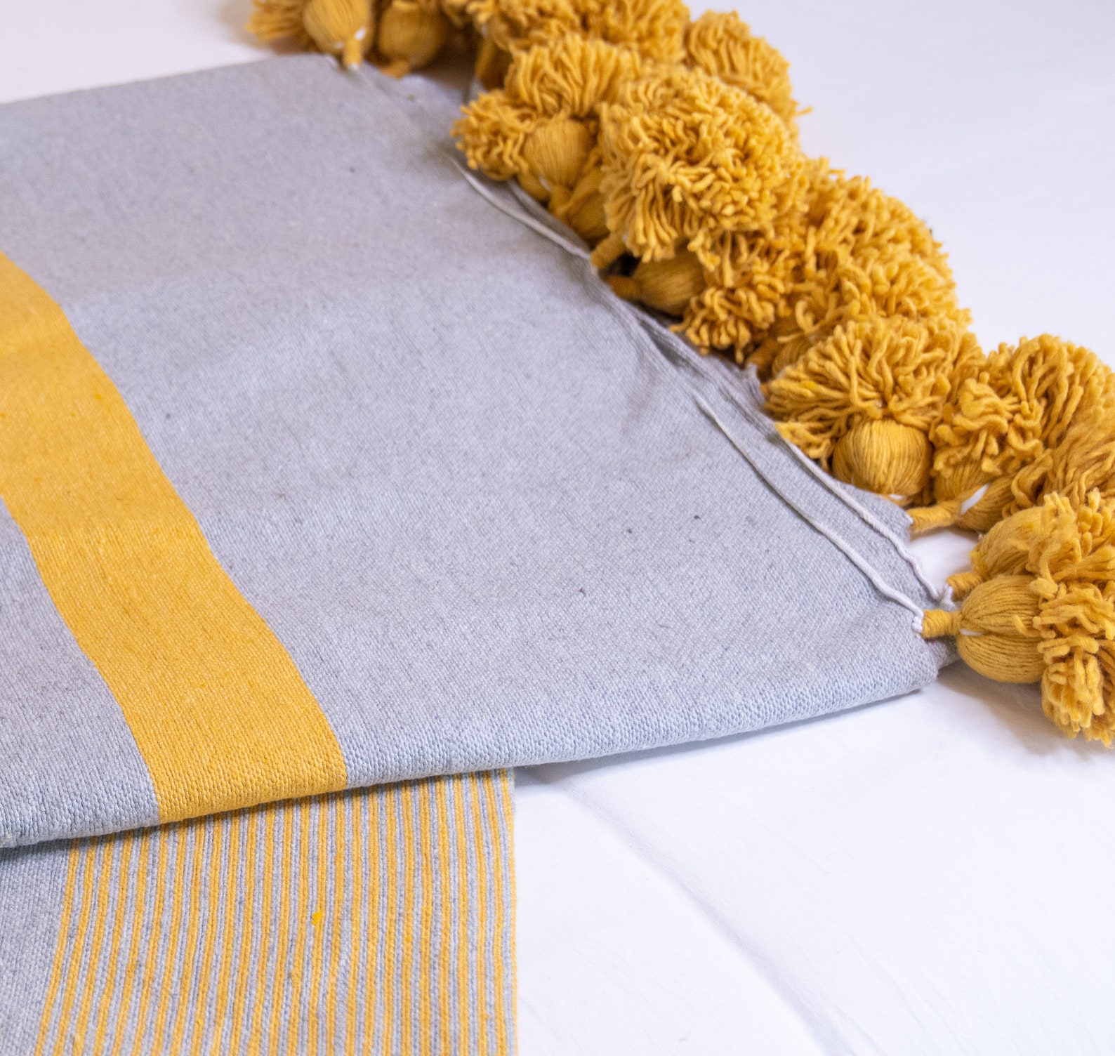 Moroccan Pom Pom Blanket – Grey with Mustard Stripes — view 4