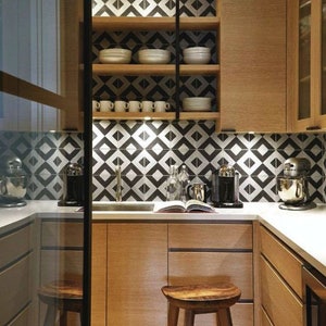 Moroccan Handmade Cement Tile. 8inch x 8 inch Floor & Wall Jadida Black and White Encaustic tile
