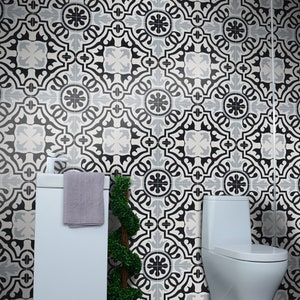 Moroccan Handmade Cement Tile. 8inch x 8 inch Floor & Wall Baha Black and Grey Encaustic tile