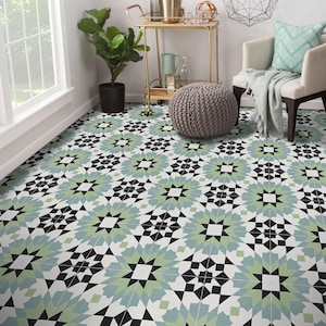 Moroccan Handmade Cement Tile. 8inch x 8 inch Floor & Wall Reno Green, Blue, Black Encaustic tile