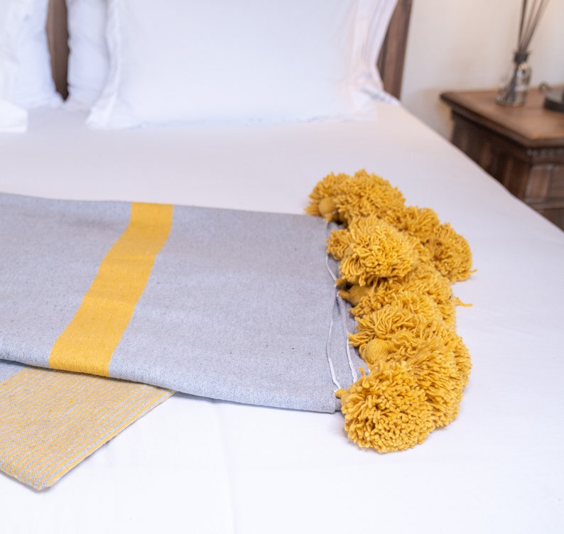 Moroccan Pom Pom Blanket – Grey with Mustard Stripes — view 2