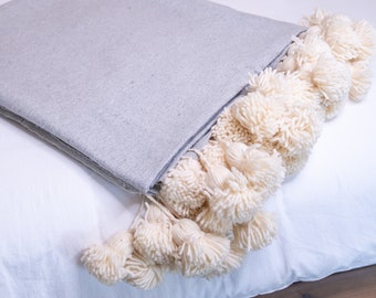 Moroccan Blanket  with Pom Pom  in Grey