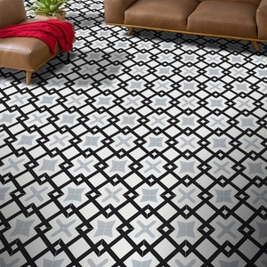 Moroccan Handmade Cement Tile. 8inch x 8 inch Floor & Wall Berkane White, Black, Grey Encaustic tile