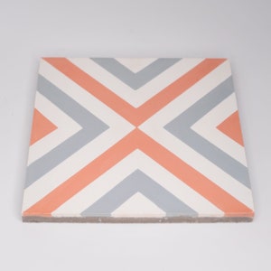 Moroccan Handmade Cement Tile. 8inch x 8 inch Floor & Wall Mazagan Grey, Orange, and White Encaustic tile-Sample