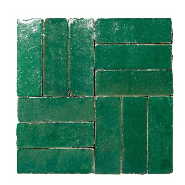 Moroccan Handmade 2''x6'' Solid Color Zellige Tile Dark Green, Sample