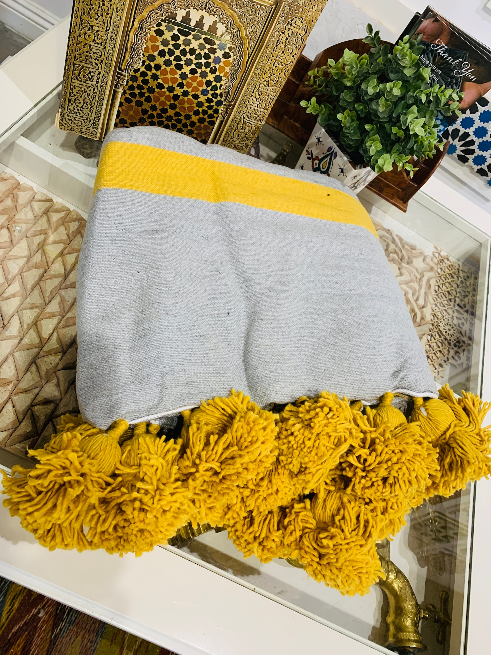 Moroccan Pom Pom Blanket – Grey with Mustard Stripes — view 5