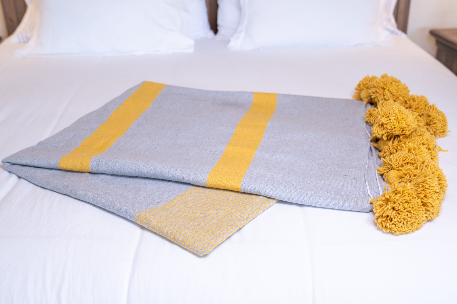 Moroccan Pom Pom Blanket – Grey with Mustard Stripes — view 3