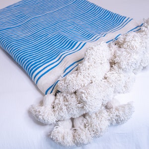 Moroccan Pom Pom Blanket in Blue/White