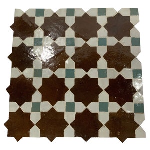Moroccan Mosaic Tile, 11in x 11in Panel, Floor & Wall, Light Blue, Brown and White