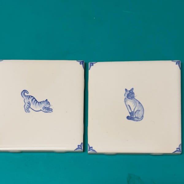 Two cats: set of two 4.25" hand painted tiles