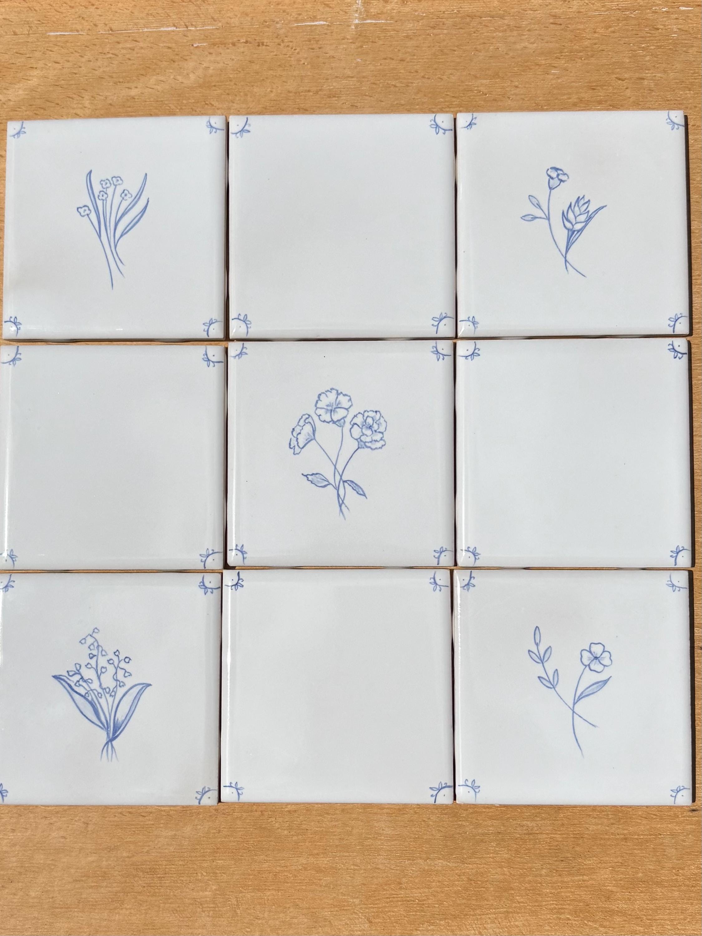 Set of nine 4.25" hand painted tiles: Fine Flowers motif III, French Country tiles