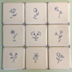 A Garden of Blues: Set of 9 hand painted 4 1/4" tiles for back splash, French Country style