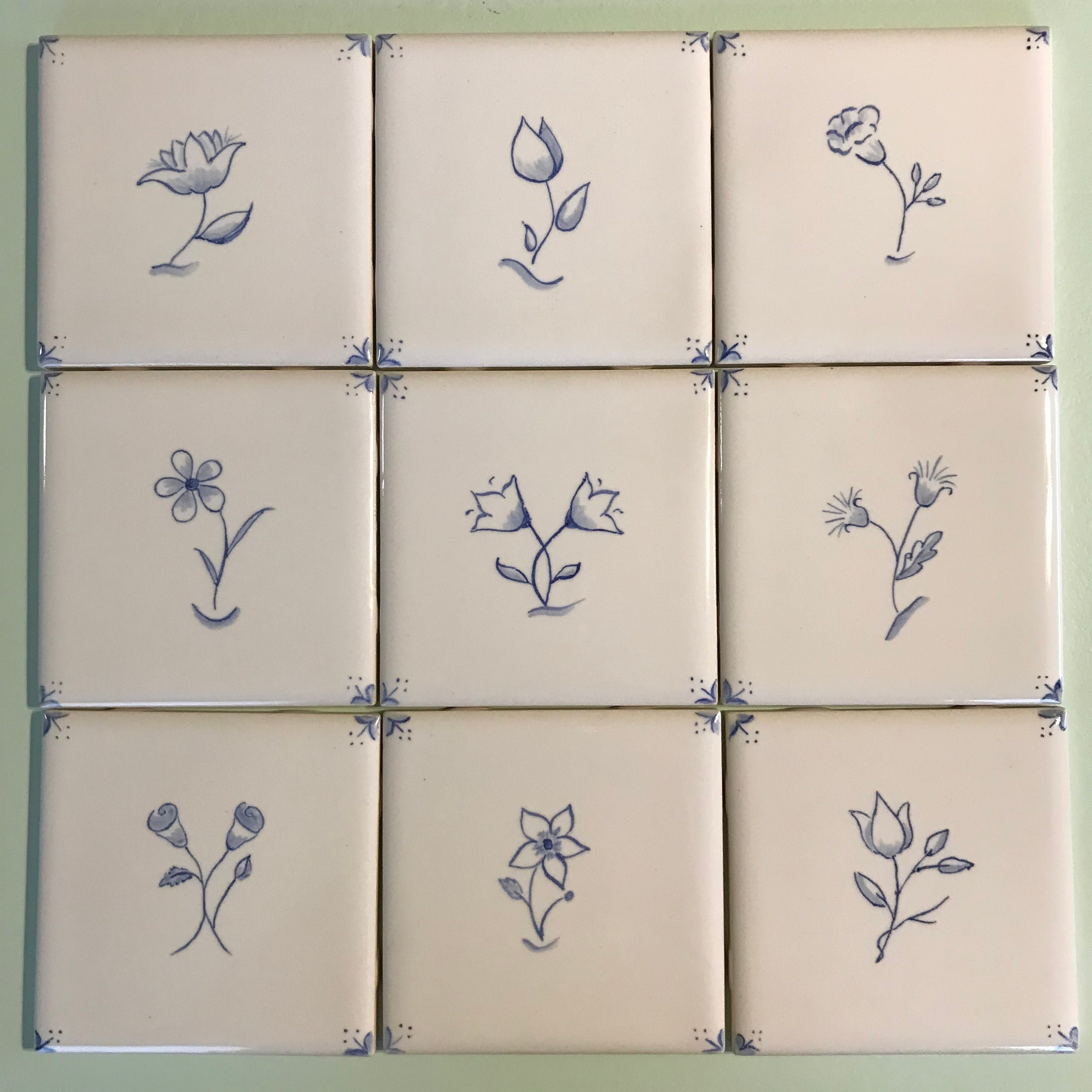 A Garden of Blues: Set of 9 hand painted 4 1/4" tiles for back splash, French Country style